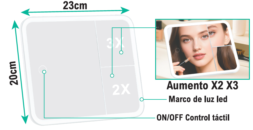 Espejo para Maquillaje – Táctil, con LED y portátil